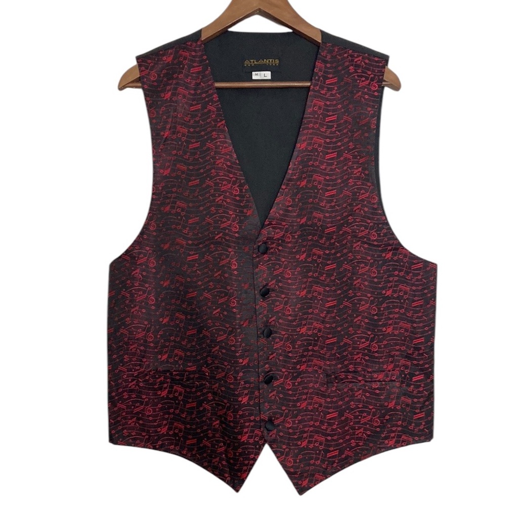 Vintage Waistcoat Mens Medium Large Red Embroidered Musical Notes Music Lover